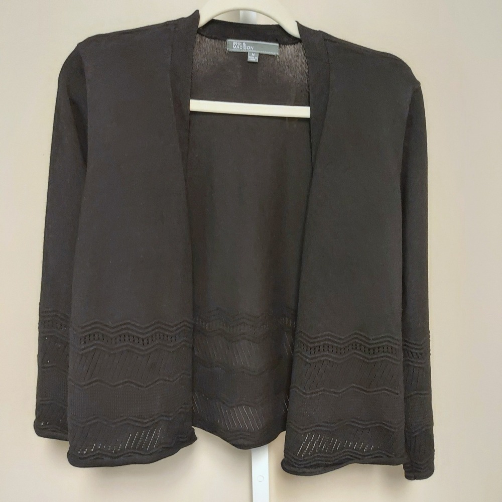 89th & Madison Black Open‎ Front Cardigan Pointelle Wave Hem M Office Whimsigoth